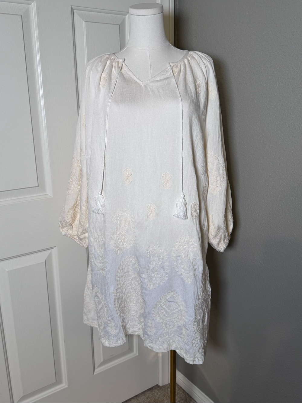 Lightweight Embroidered Swim Coverup Tunic with Tassel Tie